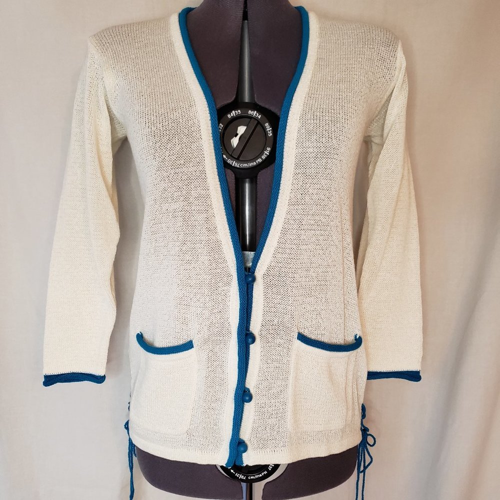 Laced Cardigan in Soft White and Blue Size Petite